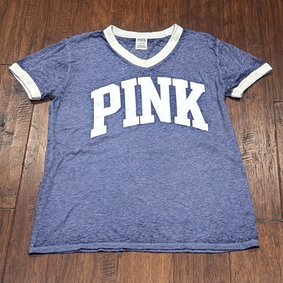 Large PINK Victoria's Secret Blue and White Short Sleeve Tee - Picture 4 of 8